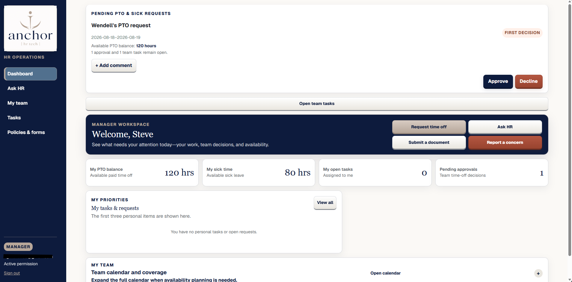 Real Anchor HR Tech Manager dashboard showing a pending employee decision and manager actions.